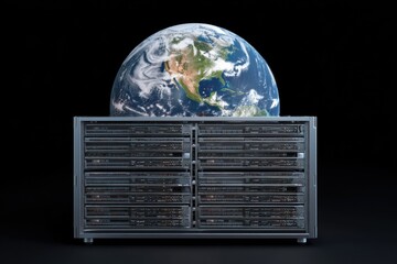 Fototapete - Server rack hosting planet Earth concept shot of global data network and cloud computing from low angle in studio