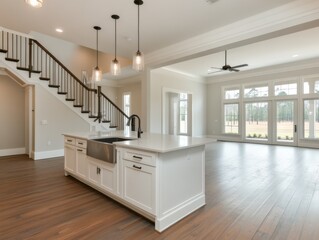 Poster - Interior design of modern open floor plan home with kitchen island staircase and living room with large windows