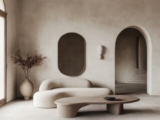 Aufkleber - Minimalist Interior Design Featuring Curved Sofa Coffee Table and Archway in Neutral Tones