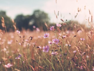 Aufkleber - Close-up of pink cosmos flowers and tall grass in a sunlit field, eye-level view, soft focus, nature scene