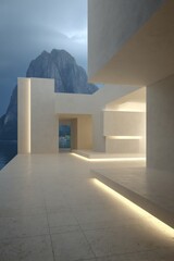 Poster - Modern architecture with mountain backdrop in Norway, minimalist design, concrete structure, bright lighting, exterior view