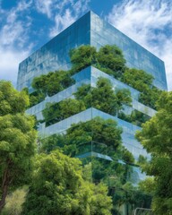 Poster - Modern Office Building with Glass Facade Reflecting Trees and Sky in Urban Environment Low Angle View