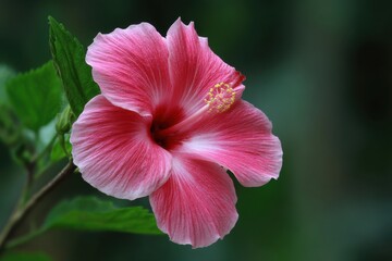 Poster - Close-up of a Pink Hibiscus Flower in Bloom with Green Leaves and a Soft Focus Background in a Garden Setting