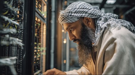 Aufkleber - IT Professional Inspecting Data Center Server Racks Close Up Profile View Inside Modern Facility
