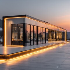 Poster - Modern Building Exterior at Dusk Wide Angle Shot with Orange Sunset Sky and Reflective Windows in China