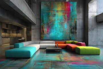 Aufkleber - Modern living room interior with colorful sectional sofa abstract art and concrete walls from low angle