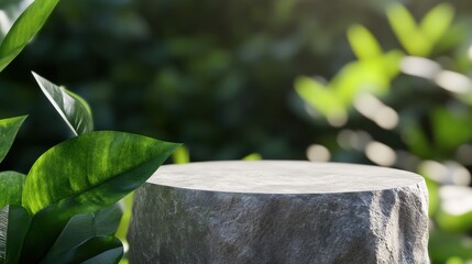 Poster - Stone Podium Display in Lush Greenery Close Up Shot for Product Showcase Natural Beauty Concept