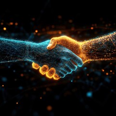 Aufkleber - Digital Handshake Close-Up of Two Hands in Agreement with Glowing Orange and Blue Lines on Black Background
