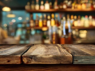 Aufkleber - Rustic wooden table surface with blurred bar background, low angle perspective, indoor setting, warm lighting, inviting atmosphere