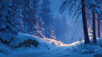 Aufkleber - Snowy Forest Path Artwork Illustration of Winter Landscape with Snow Covered Trees at Dusk in Blue Tones