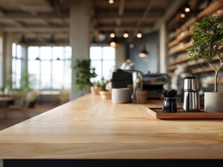 Poster - Coffee shop counter detail with coffee pot plant and utensils in a bright modern cafe interior background