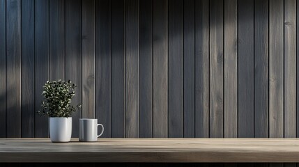 Aufkleber - Minimalist composition of plant and mug on wooden shelf against dark wood wall, studio shot, product display