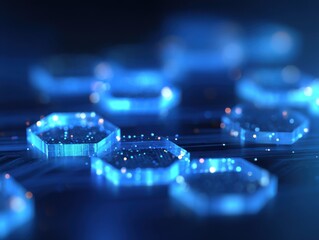 Fototapete - Abstract technology hexagons glowing on circuit board, close-up, futuristic, blue, network, connection, digital, innovation, cyber