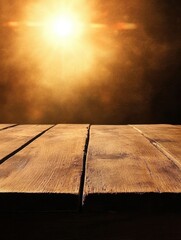 Poster - Wooden Table Surface with Golden Light Background, Product Display, Rustic Style, Studio Shot, Warm Tone, Textured