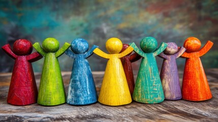Poster - Colorful Wooden Figures Standing Together on Rustic Wood Surface Close Up Studio Shot