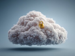 Poster - Golden Padlock Securing Fluffy White Cloud Concept Shot Against Light Blue Background Symbolizing Data Protection and Cloud Computing Security