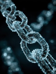 Fototapete - Close-up of a futuristic chain link with glowing web design on a dark background; concept of blockchain technology and connection