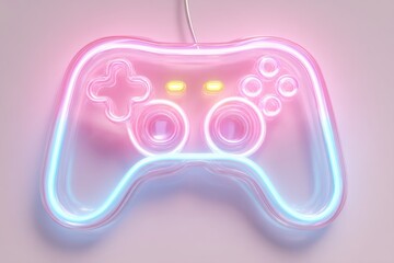 Poster - Neon Game Controller Close Up Still Life on Pink Background for Gaming and Entertainment Concepts
