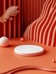 Poster - Minimalist product display background with white podium on coral backdrop studio shot for cosmetic presentation