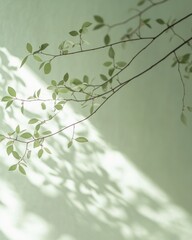 Poster - Branch with green leaves casting shadows on a pale green wall in soft light nature photography studio shot