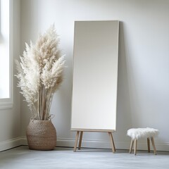 Aufkleber - Interior design featuring full length mirror pampas grass and stool in neutral tones minimalist style home decor