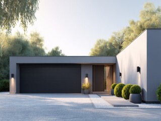 Poster - Modern home exterior with gray garage door and landscaping at daytime front view architectural design