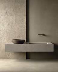 Poster - Minimalist bathroom interior with stone sink and bowl, neutral tones, modern design, eye-level view, studio shot