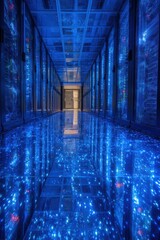 Poster - Data center corridor perspective shows bright blue server racks and network infrastructure for cloud computing and data storage