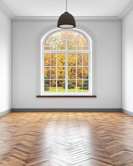 Aufkleber - Empty room interior with herringbone floor and large arched window overlooking autumn trees and landscape
