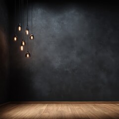 Poster - Moody interior with pendant lights against dark textured wall and wood floor in studio shot