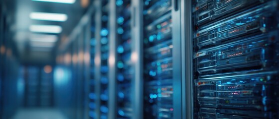 Poster - Data Center Server Racks Hosting Digital Information Technology Infrastructure with Blue Lights in a Modern Facility