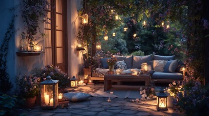 Poster - Cozy outdoor living, living corner in the garden outside the house, summer evening on the patio or terrace of suburban house with flowers, candles and lantern in the garden