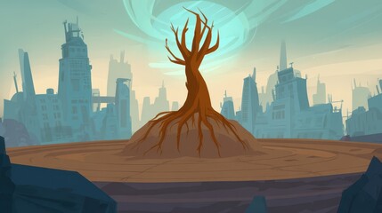 Poster - Lonely tree in a ruined cityscape's center.