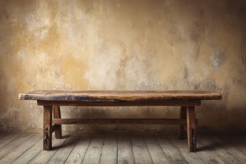 Poster - Rustic Wooden Table Against Textured Wall Interior Design Mockup Product Display Close Up Studio Shot