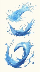Poster - Three Water Splashes in Blue Tones on White Background Artistic Illustration Fresh and Dynamic Liquid Motion Abstract Design
