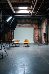 Poster - Empty Photo Studio with Chairs and Backdrop Industrial Style Interior with Lighting Equipment and Brick Wall