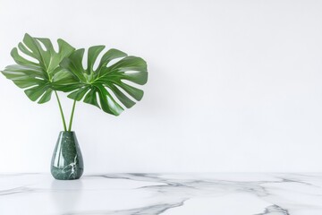 Poster - Monstera Plant in Vase on Marble Surface Against White Wall Minimalist Interior Design Still Life Copy Space