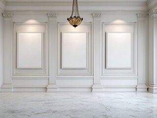 Poster - Empty White Gallery Interior with Columns and Marble Floor, Front View, Ready for Art, Museum Space