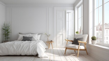 Poster - Cozy modern white bedroom with a clear light and elegant wooden chair in a new hotel apartment
