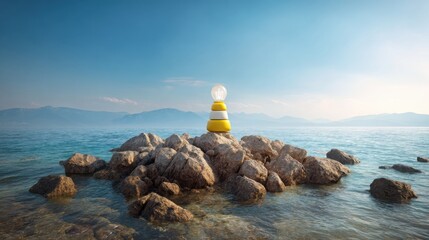 Poster - A striking yellow and white lighthouse symbolizing the concept of timed launch and fibonacci product timing in marketing