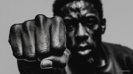 Poster - A determined man with a fist raised high illustrating the concept of timed persuasion aligned with fibonacci influence