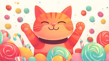 Naklejka na meble Joyful orange tabby cat surrounded by colorful sweets.