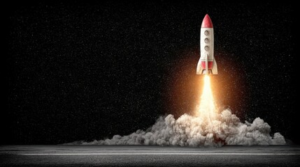 Poster - Rocket launching into space representing trend acceleration through low volume area in financial market analysis