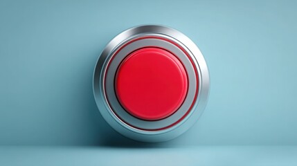 Poster - Bold red push button on a vibrant blue background symbolizing action, engagement, and immediate response