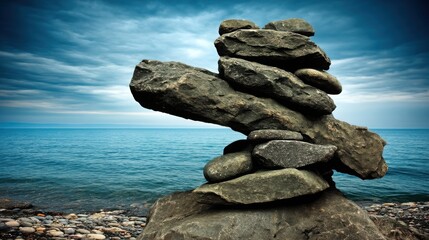 Poster - Beautifully balanced rock stack on a beach symbolizing visual balance for decisions and clarity in nature