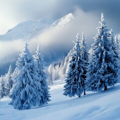 Winter trees in mountains covered with fresh snow