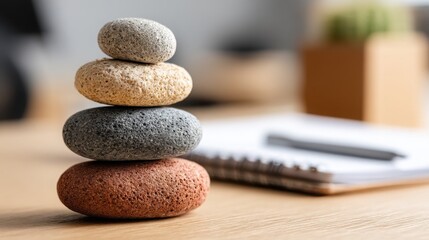 Poster - neatly stacked rocks on a table illustrating calmness and stress-free returns in financial investmen