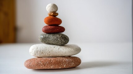 Poster - Carefully arranged stack of rocks illustrating the principles of balance and stability in a zen garden setting for mindfulness