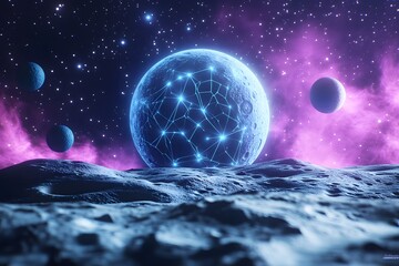 Poster - A captivating celestial vista showcases an interconnected network of luminous energy projected onto a celestial body.