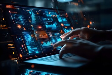 Poster - A close up of hands interacting with data on a laptop screen representing future technology